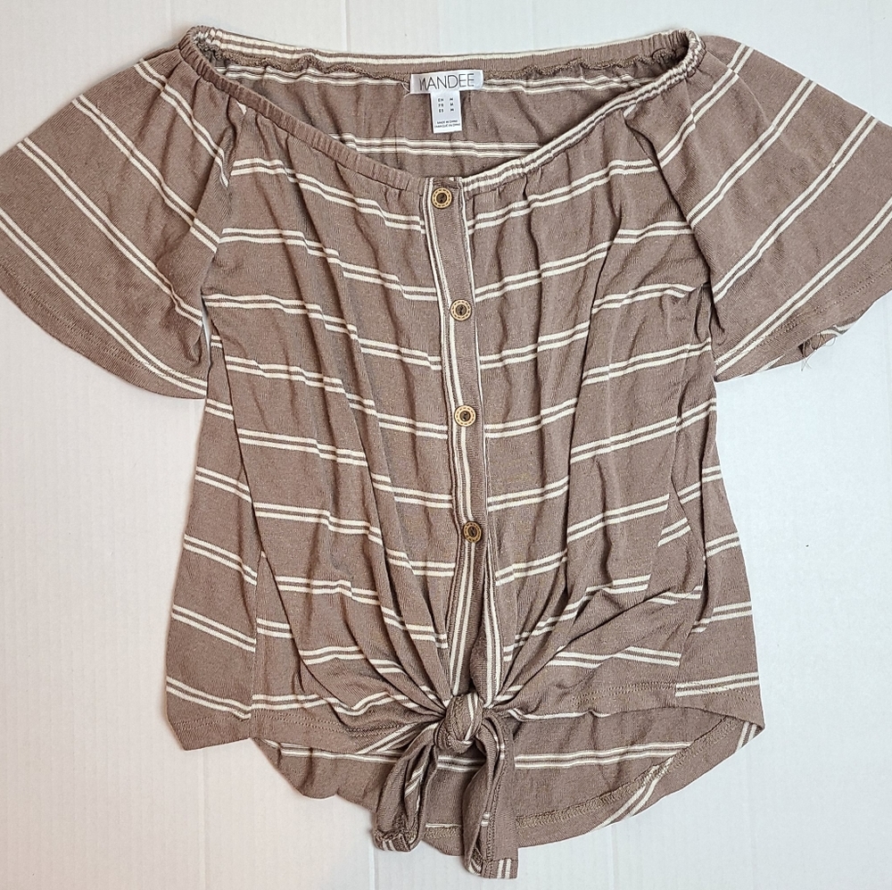 Tan Striped Knotted Flutter Sleeve Top